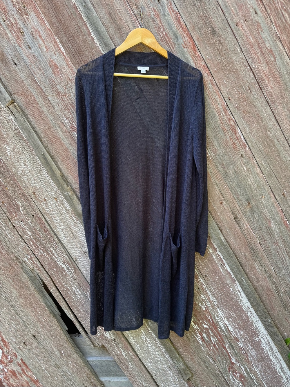 J.Jill Navy Linen Blend Longline Duster Cardigan Pockets M